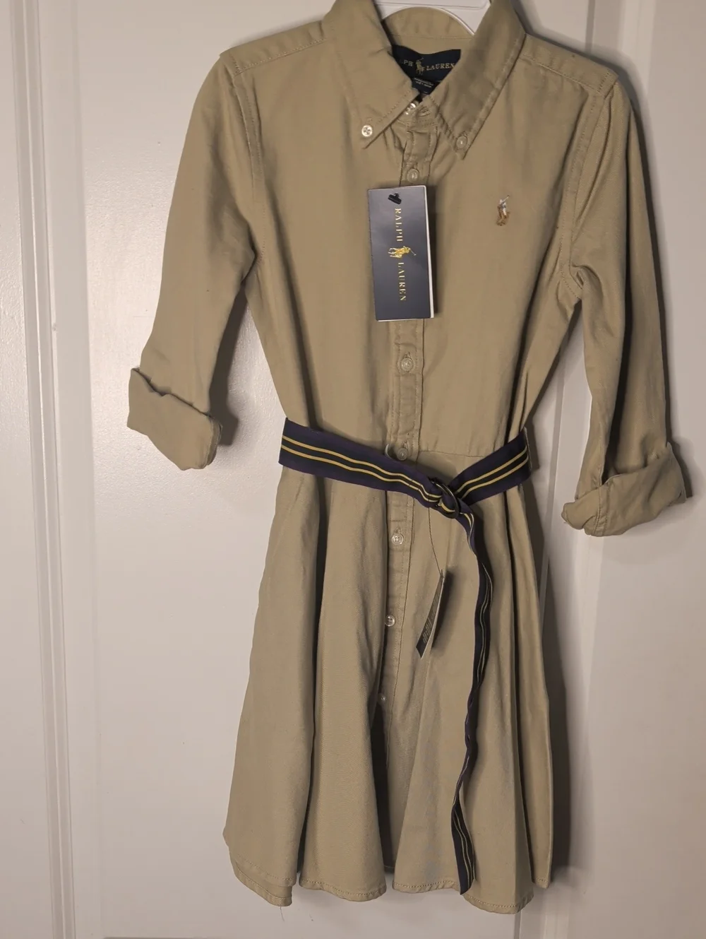 Girls Ralph Lauren Khaki Midi Shirt Dress with Striped Belt
